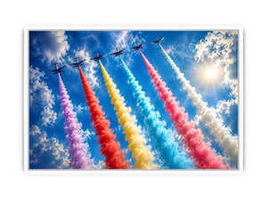 Colorful aircraft smoke trail wall art with vibrant jets flying across bright blue sky