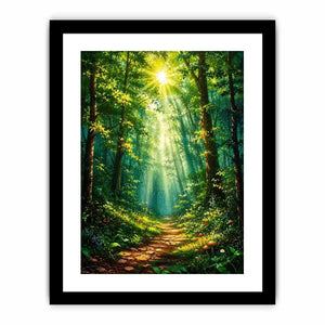 Luminous emerald forest path wall art with glowing sun rays and tranquil luxury nature landscape