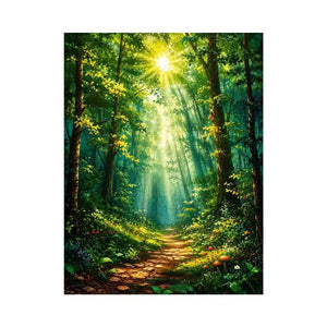 Luminous emerald forest path wall art with glowing sun rays and tranquil luxury nature landscape