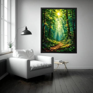Luminous emerald forest path wall art with glowing sun rays and tranquil luxury nature landscape