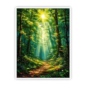 Luminous emerald forest path wall art with glowing sun rays and tranquil luxury nature landscape