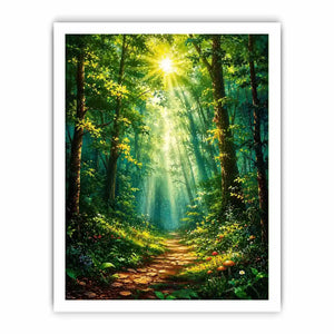 Luminous emerald forest path wall art with glowing sun rays and tranquil luxury nature landscape