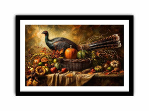 Autumn harvest still life painting with turkey, pumpkins, fruits, and rustic basket arrangement