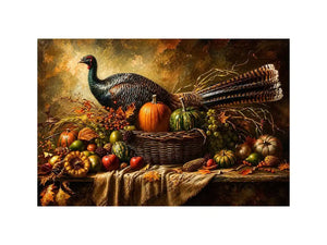 Autumn harvest still life painting with turkey, pumpkins, fruits, and rustic basket arrangement