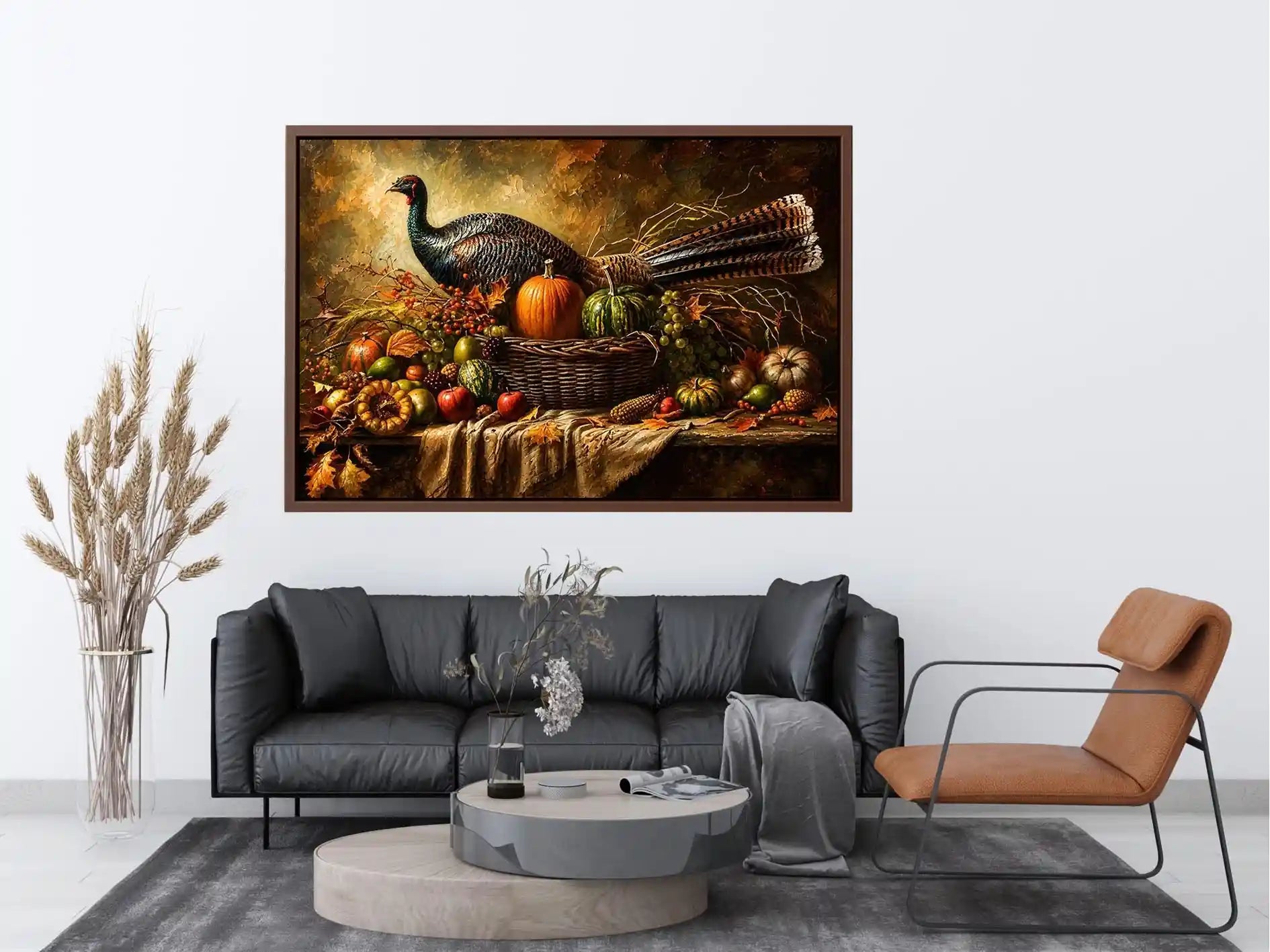 Autumn harvest still life painting with turkey, pumpkins, fruits, and rustic basket arrangement