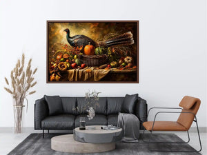 Autumn harvest still life painting with turkey, pumpkins, fruits, and rustic basket arrangement