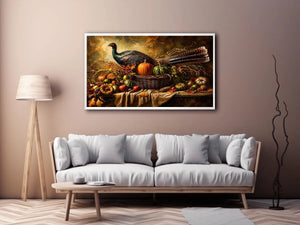 Autumn harvest still life painting with turkey, pumpkins, fruits, and rustic basket arrangement