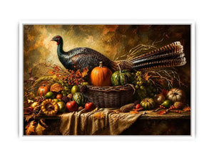 Autumn harvest still life painting with turkey, pumpkins, fruits, and rustic basket arrangement