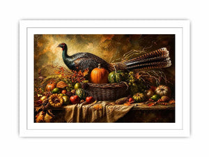 Autumn harvest still life painting with turkey, pumpkins, fruits, and rustic basket arrangement