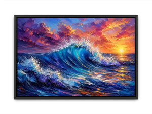 Abstract ocean wave wall art with vibrant blue sea and pastel sunset sky textures