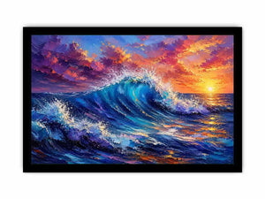 Abstract ocean wave wall art with vibrant blue sea and pastel sunset sky textures