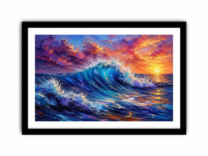 Abstract ocean wave wall art with vibrant blue sea and pastel sunset sky textures