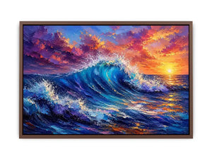 Abstract ocean wave wall art with vibrant blue sea and pastel sunset sky textures