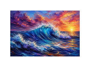 Abstract ocean wave wall art with vibrant blue sea and pastel sunset sky textures