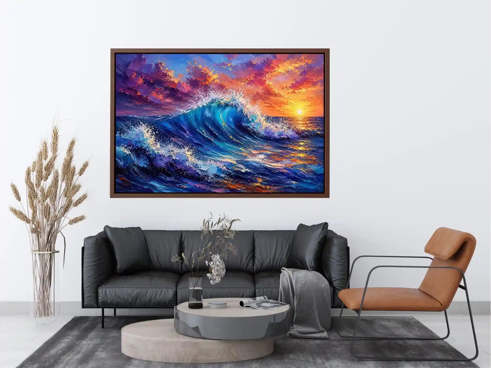 Abstract ocean wave wall art with vibrant blue sea and pastel sunset sky textures