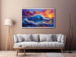 Abstract ocean wave wall art with vibrant blue sea and pastel sunset sky textures