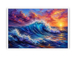 Abstract ocean wave wall art with vibrant blue sea and pastel sunset sky textures