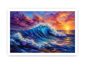 Abstract ocean wave wall art with vibrant blue sea and pastel sunset sky textures