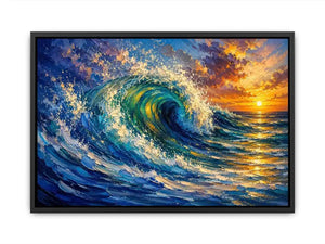 Abstract turquoise ocean wave wall art with dramatic sea motion and glowing sunset sky