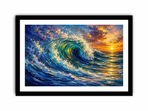 Abstract turquoise ocean wave wall art with dramatic sea motion and glowing sunset sky