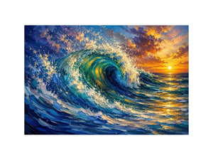 Abstract turquoise ocean wave wall art with dramatic sea motion and glowing sunset sky