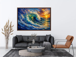 Abstract turquoise ocean wave wall art with dramatic sea motion and glowing sunset sky