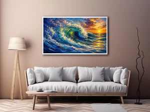 Abstract turquoise ocean wave wall art with dramatic sea motion and glowing sunset sky