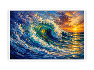 Abstract turquoise ocean wave wall art with dramatic sea motion and glowing sunset sky