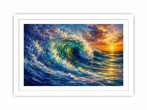 Abstract turquoise ocean wave wall art with dramatic sea motion and glowing sunset sky
