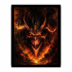 Dark fantasy dragon wall art with fiery glowing eyes and gothic infernal atmosphere