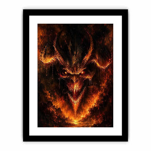 Dark fantasy dragon wall art with fiery glowing eyes and gothic infernal atmosphere