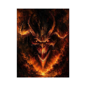 Dark fantasy dragon wall art with fiery glowing eyes and gothic infernal atmosphere