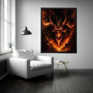 Dark fantasy dragon wall art with fiery glowing eyes and gothic infernal atmosphere