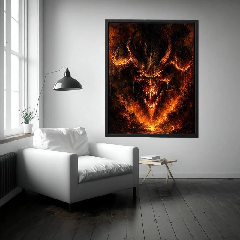 Dark fantasy dragon wall art with fiery glowing eyes and gothic infernal atmosphere