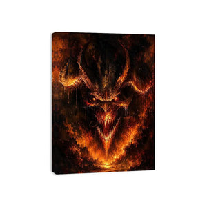 Dark fantasy dragon wall art with fiery glowing eyes and gothic infernal atmosphere