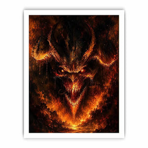 Dark fantasy dragon wall art with fiery glowing eyes and gothic infernal atmosphere