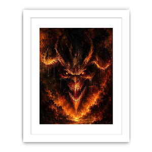 Dark fantasy dragon wall art with fiery glowing eyes and gothic infernal atmosphere