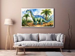 Cute watercolor dinosaur wall art with tropical jungle plants for nursery and kids room decor