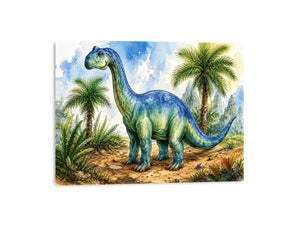 Cute watercolor dinosaur wall art with tropical jungle plants for nursery and kids room decor