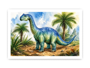 Cute watercolor dinosaur wall art with tropical jungle plants for nursery and kids room decor