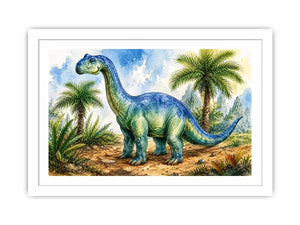Cute watercolor dinosaur wall art with tropical jungle plants for nursery and kids room decor