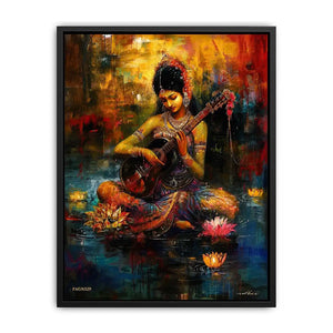 Indian woman musician wall art with lotus flowers and colorful bohemian artistic background
