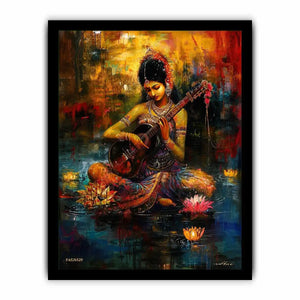Indian woman musician wall art with lotus flowers and colorful bohemian artistic background