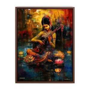 Indian woman musician wall art with lotus flowers and colorful bohemian artistic background
