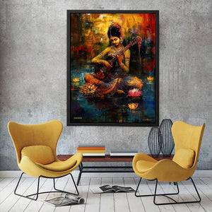 Indian woman musician wall art with lotus flowers and colorful bohemian artistic background