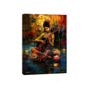 Indian woman musician wall art with lotus flowers and colorful bohemian artistic background
