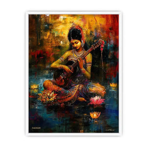 Indian woman musician wall art with lotus flowers and colorful bohemian artistic background