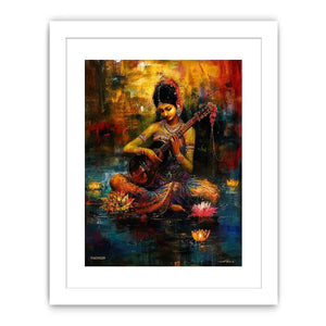 Indian woman musician wall art with lotus flowers and colorful bohemian artistic background