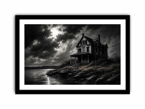 Black and white painting of a haunted house by a lake under a stormy sky