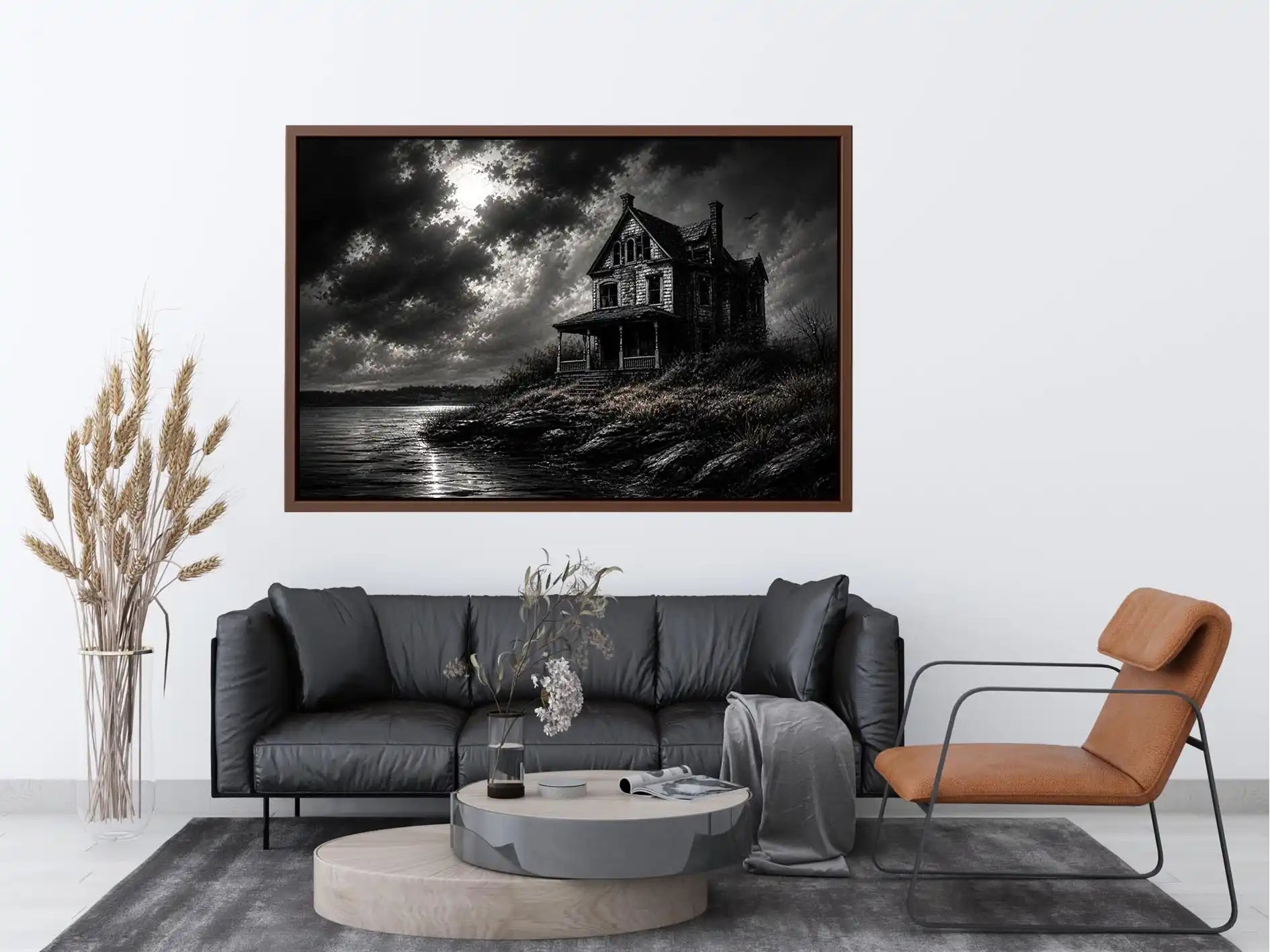 Black and white painting of a haunted house by a lake under a stormy sky